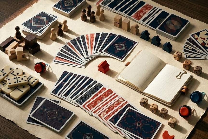 紙牌、骰子與棋子的雜誌風格靜物攝影